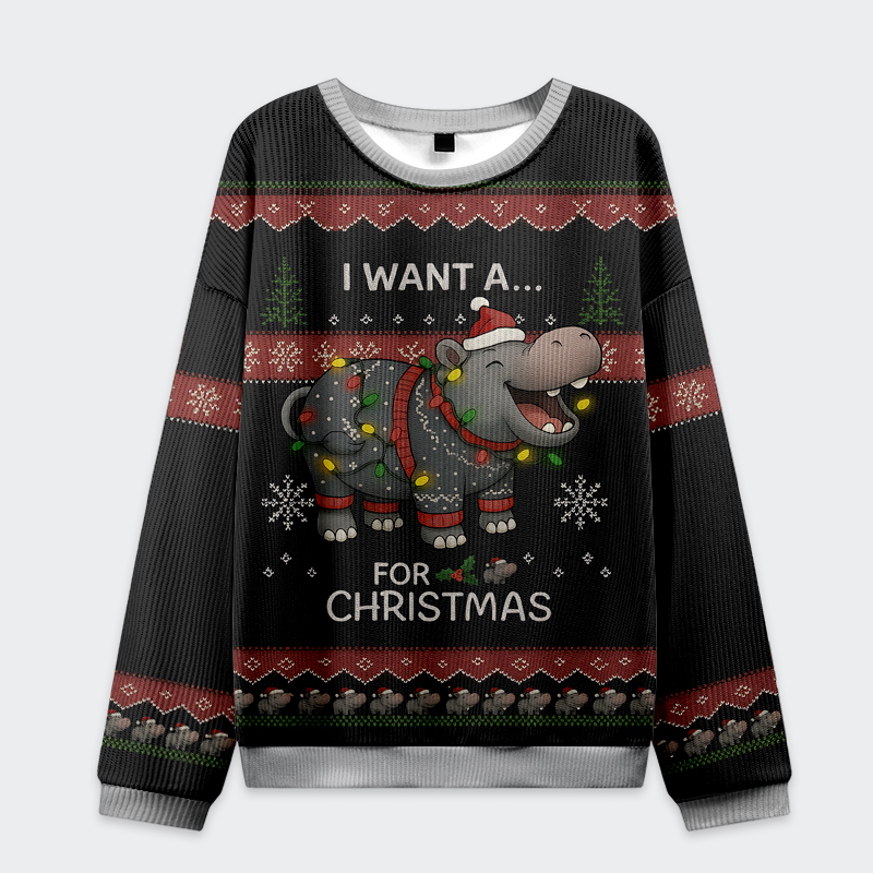 I Want a Moo Deng Christmas Ugly Sweatshirt Front view of the I Want a Moo Deng Christmas Ugly Sweatshirt featuring a cheerful hippo in festive lights.