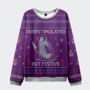 Front view of the overstimulated but festive penguin sweatshirt in purple with a quirky penguin graphic and snowflakes.