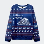 Front view of the blue work emails during holiday Christmas ugly sweatshirt featuring a fun inbox design.