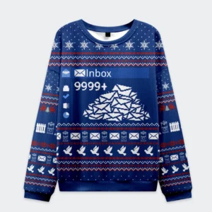 Front view of the blue work emails during holiday Christmas ugly sweatshirt featuring a fun inbox design.