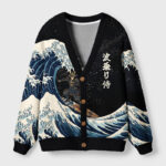 Front view of the samurai wave cardigan sweater featuring a striking warrior design against a dark background.