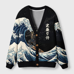 Front view of the samurai wave cardigan sweater featuring a striking warrior design against a dark background.