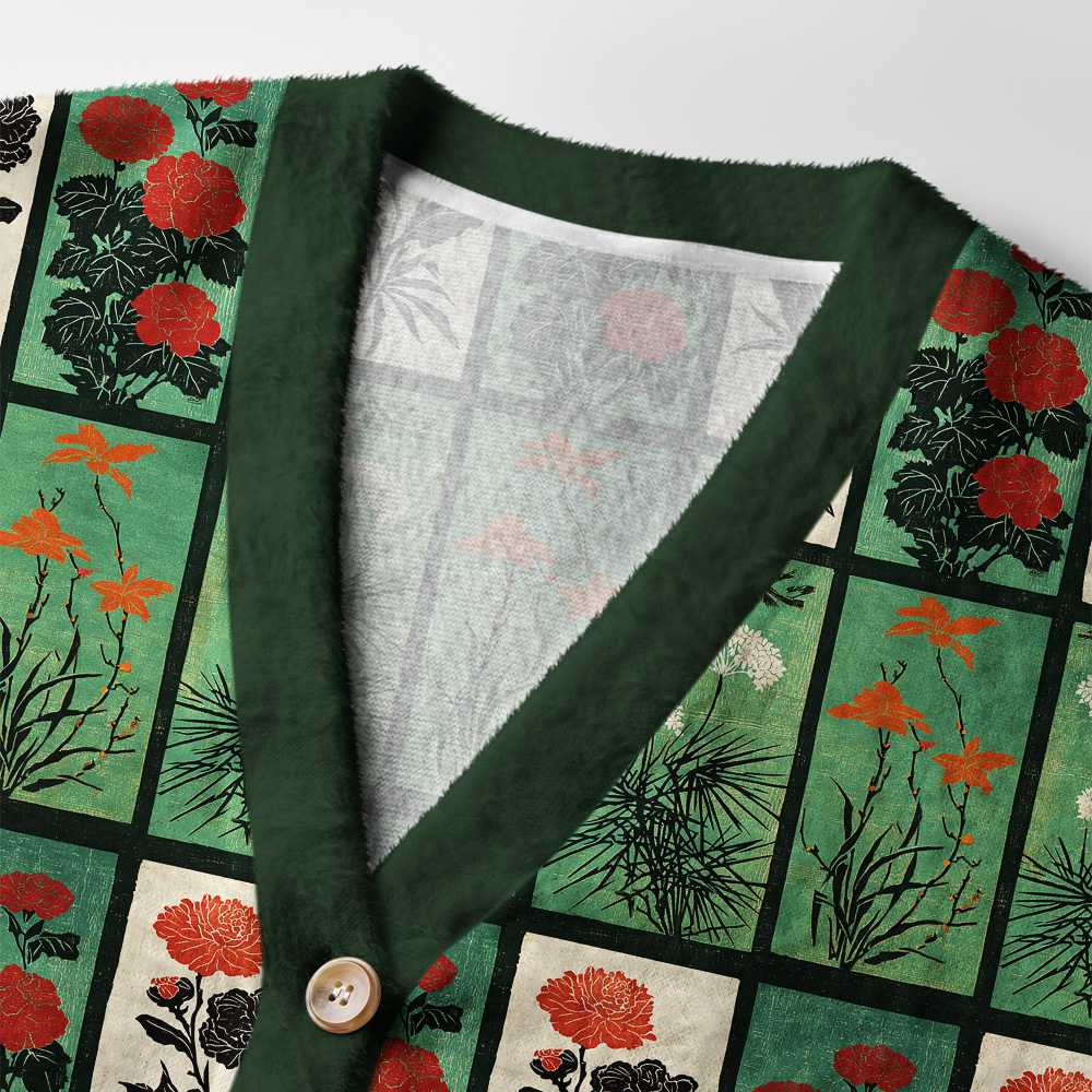 Ukiyo-e Evergreen Cardigan Sweater Close-up detail of the ukiyo-e evergreen cardigan sweater highlighting intricate floral graphics and button accents.