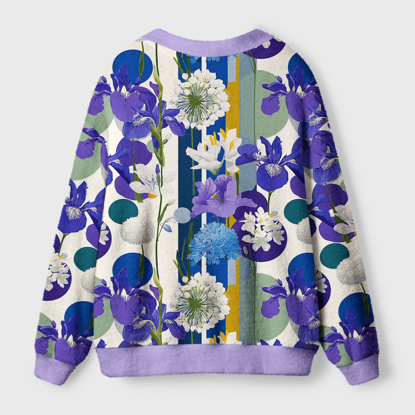 Iris Canvas Cardigan Sweater | Floral Art Design Back view of the iris canvas cardigan sweater highlighting the soft texture and floral artwork in vibrant colors.