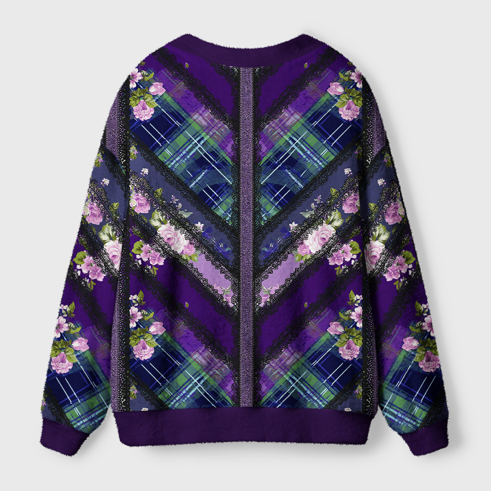 Rose & Lace Tartan Cardigan Sweater Back view of the rose & lace tartan cardigan sweater showcasing its unique floral pattern and cozy fit.