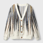 Front view of the Japanese pattern cardigan sweater featuring intricate designs in beige, blue, and black hues.