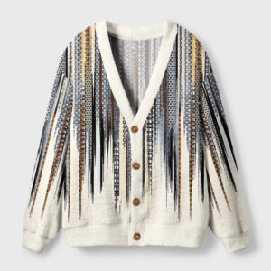 Front view of the Japanese pattern cardigan sweater featuring intricate designs in beige, blue, and black hues.