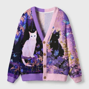 Front view of the Butterfly Dreams Cardigan Sweater featuring a colorful floral butterfly design.