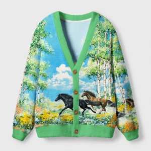 Front view of the horses in bloom cardigan sweater featuring a vibrant floral horse design and green trim.