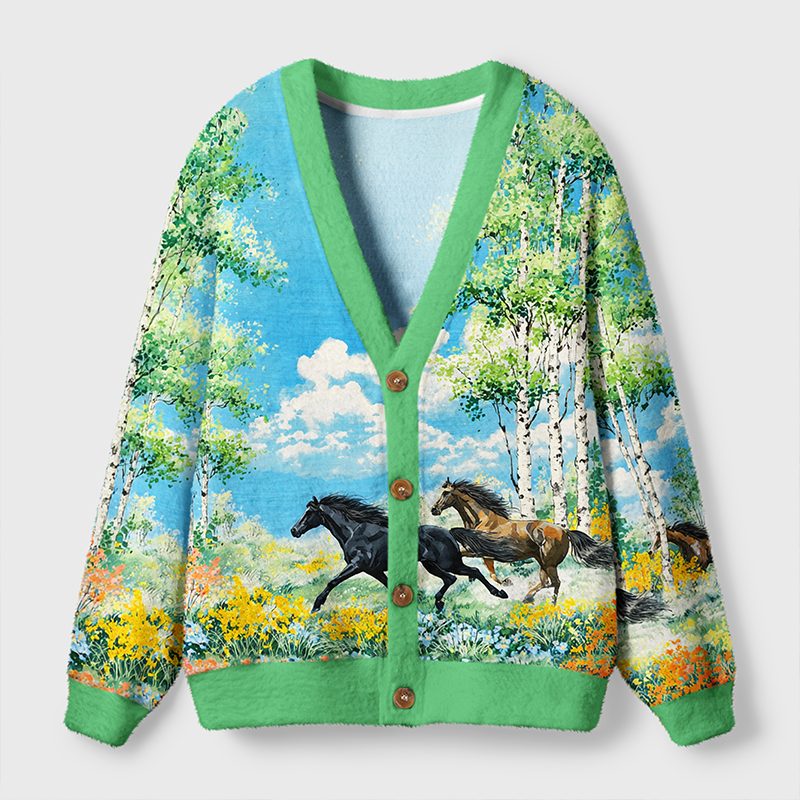 Horses in Bloom Cardigan Sweater Front view of the horses in bloom cardigan sweater featuring a vibrant floral horse design and green trim.