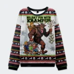 Front view of the Krampus sweatshirt featuring colorful design, perfect for holiday fun with krampus sweatshirt.