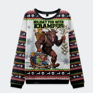 Front view of the Krampus sweatshirt featuring colorful design, perfect for holiday fun with krampus sweatshirt.