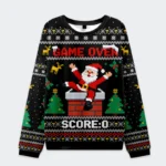 Front view of the Santa Claus fell into the chimney sweatshirt featuring a vibrant black design with festive colors.