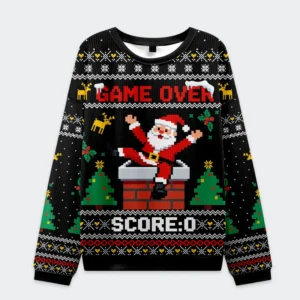 Front view of the Santa Claus fell into the chimney sweatshirt featuring a vibrant black design with festive colors.