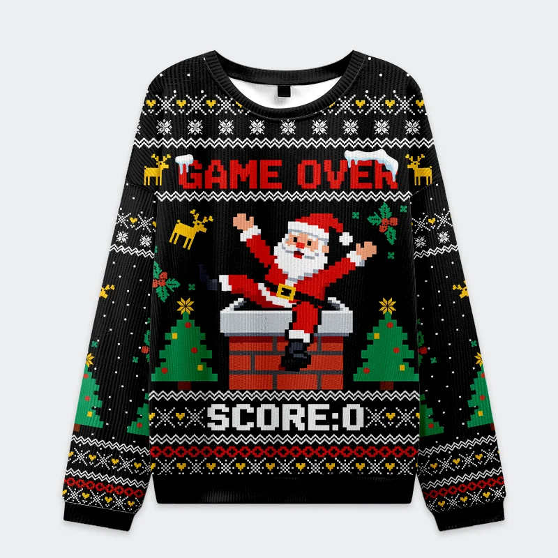 Santa Claus Fell Into The Chimney Sweatshirt Front view of the Santa Claus fell into the chimney sweatshirt featuring a vibrant black design with festive colors.