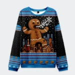 Front view of a gingerbread monster Christmas ugly sweatshirt featuring a giant gingerbread design on a black background.