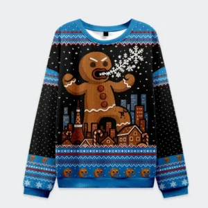 Front view of a gingerbread monster Christmas ugly sweatshirt featuring a giant gingerbread design on a black background.