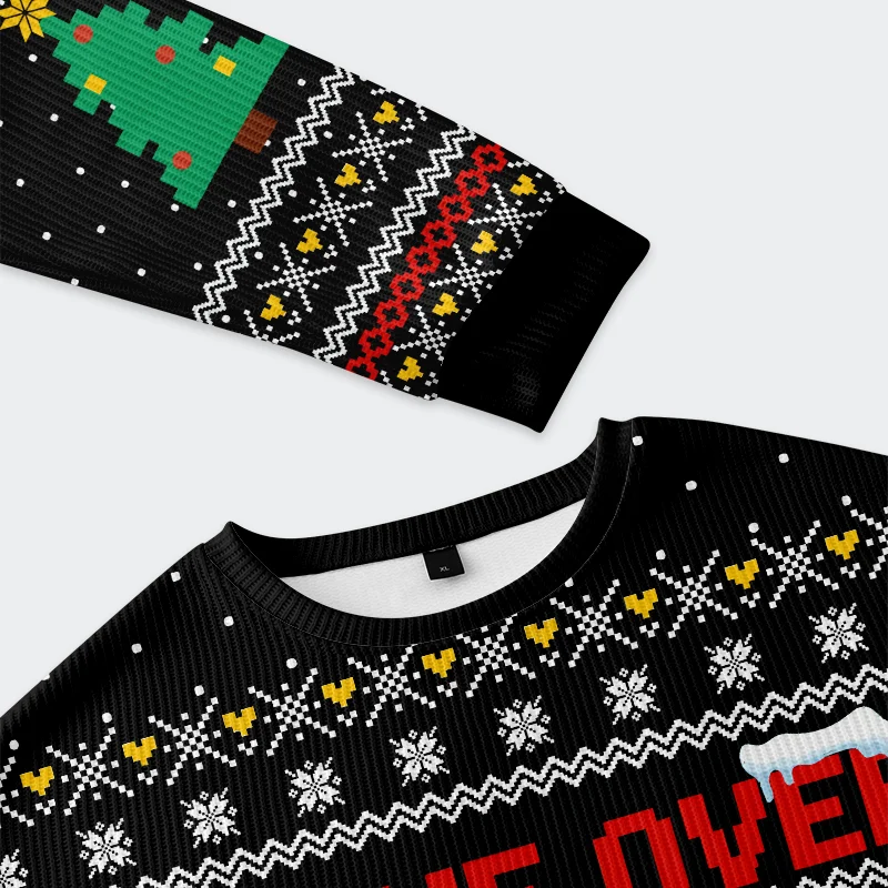 Santa Claus Fell Into The Chimney Sweatshirt Close-up detail of the Santa Claus fell into the chimney sweatshirt, highlighting the intricate pixel art and festive pattern