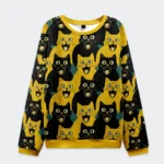 Front view of the yellow cat and black cat Christmas ugly sweatshirt showcasing vibrant cat designs.