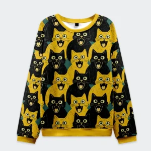 Front view of the yellow cat and black cat Christmas ugly sweatshirt showcasing vibrant cat designs.