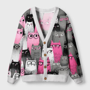 Front view of the cats with attitude cardigan sweater featuring playful pink and gray cat designs.