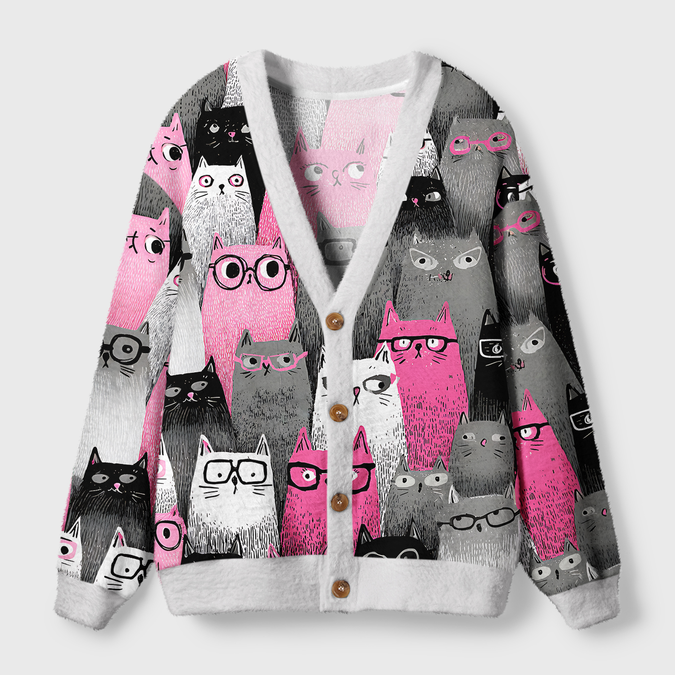 Cats With Attitude Cardigan Sweater Front view of the cats with attitude cardigan sweater featuring playful pink and gray cat designs.