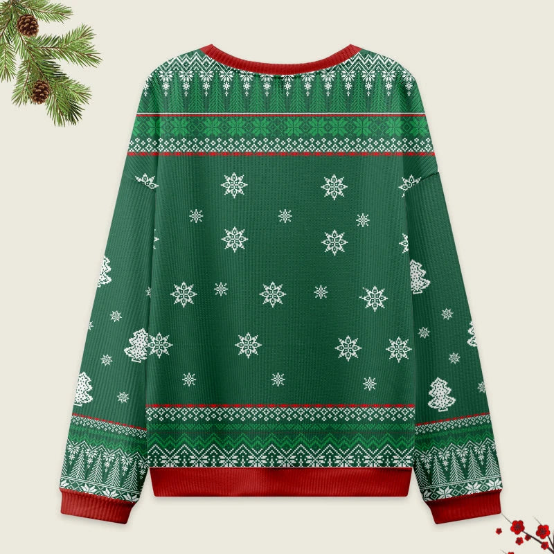 Lights Cat Japanese Green Christmas Ugly Sweatshirt Back view of the lights cat Japanese green Christmas ugly sweatshirt showcasing festive patterns and colors.