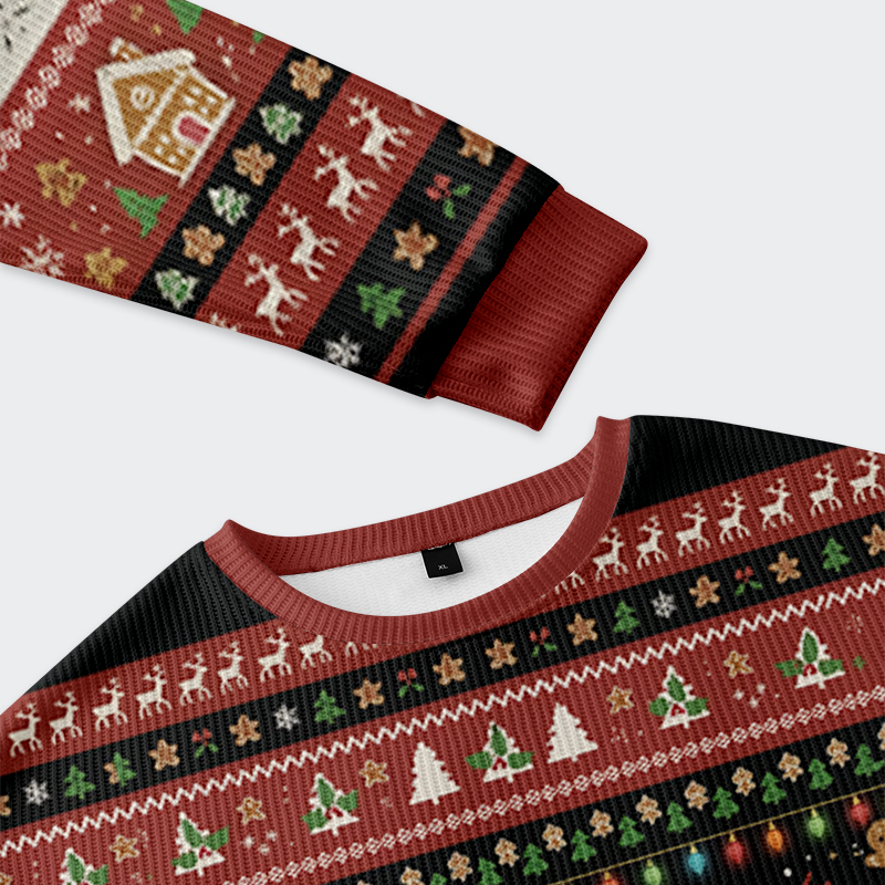 Gingerbread Ninjas In Battle Christmas Ugly Sweatshirt Close-up detail of the gingerbread ninjas in battle christmas ugly sweatshirt, highlighting the unique graphics and textures.