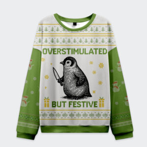 Front view of the overstimulated but festive penguin sweatshirt in green with playful design and cozy fit.