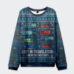 Front view of the lost in translation christmas ugly sweatshirt featuring vibrant Tokyo train designs on a navy background.