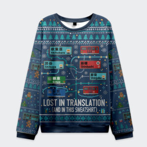 Front view of the lost in translation christmas ugly sweatshirt featuring vibrant Tokyo train designs on a navy background.