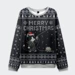 Front view of the Cat's Christmas String Pull sweatshirt in black, featuring a playful cat design and festive details.