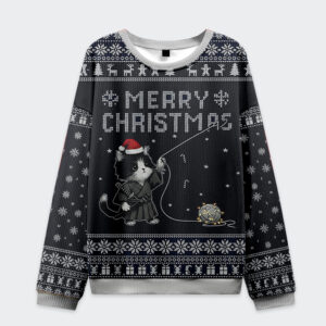 Front view of the Cat's Christmas String Pull sweatshirt in black, featuring a playful cat design and festive details.