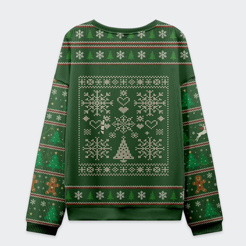 You Must Accept The Frog Sweatshirt Back view of the green 'You Must Accept the Frog' sweatshirt, showcasing colorful holiday motifs and cozy fabric.