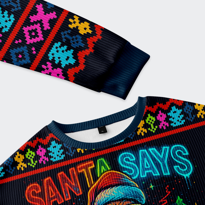 Santa Says Six Seven Christmas Ugly Sweatshirt Close-up of the Santa Says Six Seven Christmas ugly sweatshirt's intricate design featuring neon colors and festive elements.