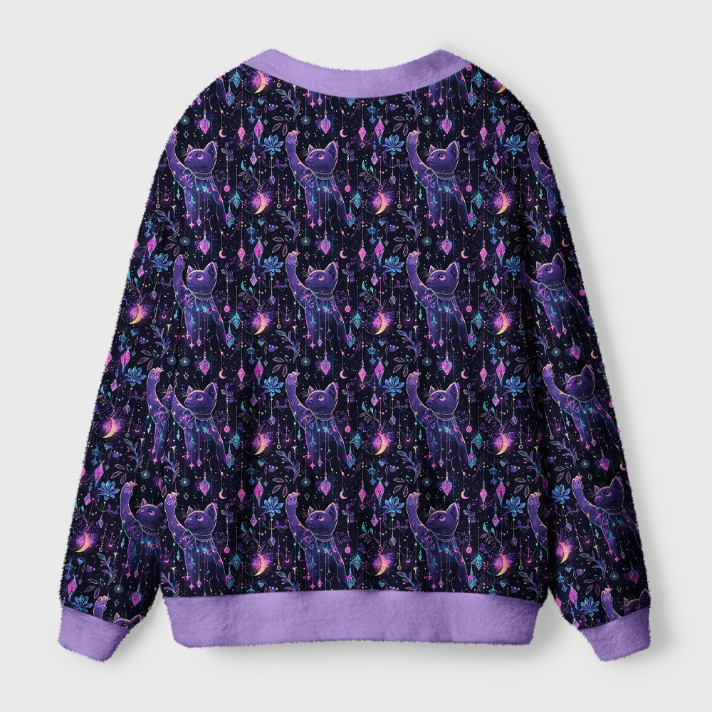 Nebula Cat Cardigan Sweater | Galaxy Cat Design Back view of the nebula cat cardigan sweater showcasing vibrant cat graphics against a dark background.