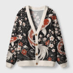 Vintage sakura koi cardigan sweater featuring a black base with floral and koi designs, viewed from the front.
