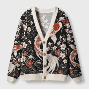 Vintage sakura koi cardigan sweater featuring a black base with floral and koi designs, viewed from the front.