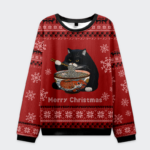 Front view of the fat cat eating ramen Christmas ugly sweatshirt in red with festive designs and a playful cat graphic.