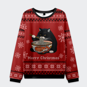 Front view of the fat cat eating ramen Christmas ugly sweatshirt in red with festive designs and a playful cat graphic.