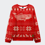 Front view of the red Fish Snow Japanese Christmas Ugly Sweatshirt with festive patterns and a large fish design.