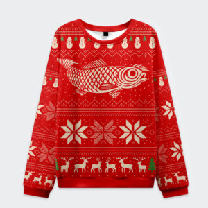 Front view of the red Fish Snow Japanese Christmas Ugly Sweatshirt with festive patterns and a large fish design.