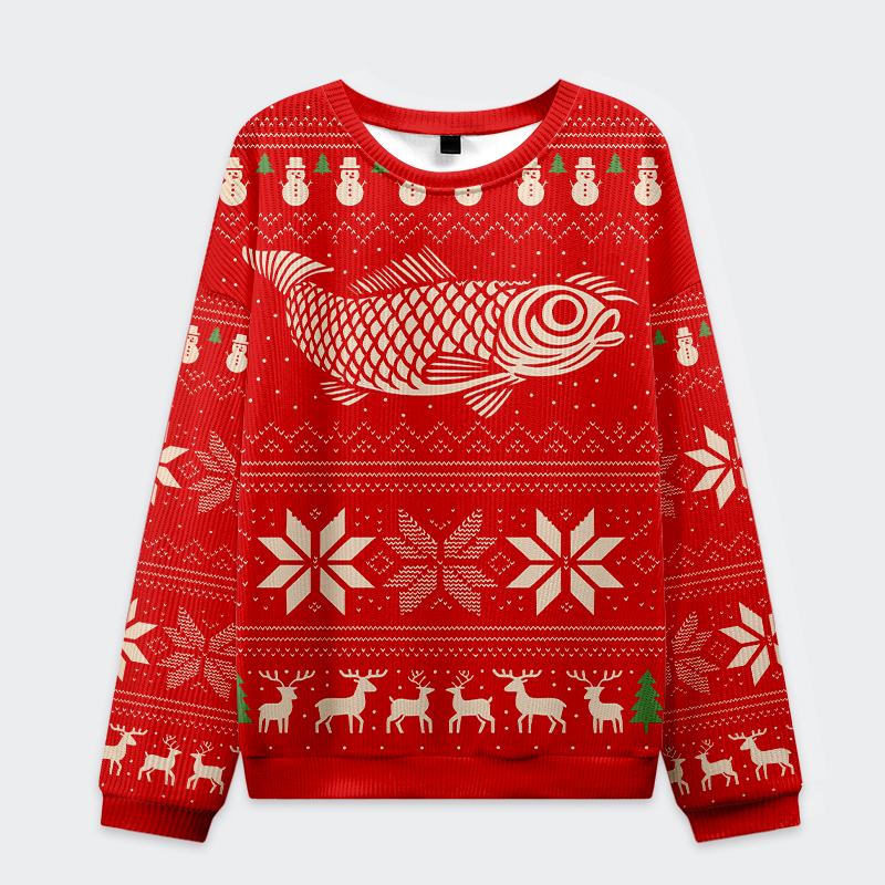Fish Snow Japanese Christmas Ugly Sweatshirt Front view of the red Fish Snow Japanese Christmas Ugly Sweatshirt with festive patterns and a large fish design.