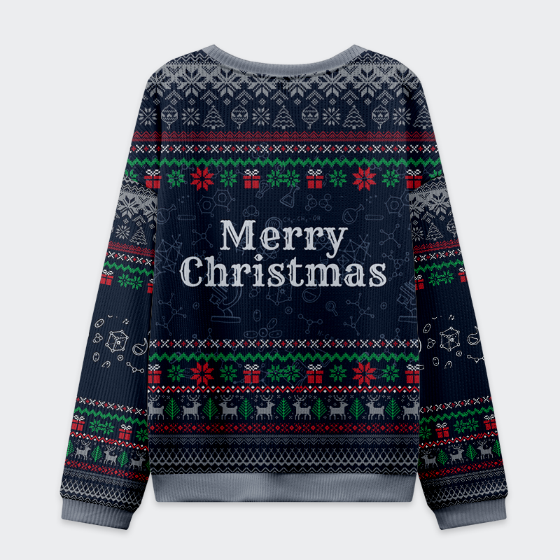 Ho Ho Ho Holmium Christmas Ugly Sweatshirt Back view of the Ho Ho Ho Holmium Christmas ugly sweatshirt showcasing the cozy fit and warm fabric perfect for winter.