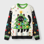 Front view of the Christmas tree cat fuzzy sweatshirt featuring a playful cat design with colorful ornaments.