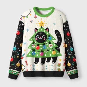 Front view of the Christmas tree cat fuzzy sweatshirt featuring a playful cat design with colorful ornaments.