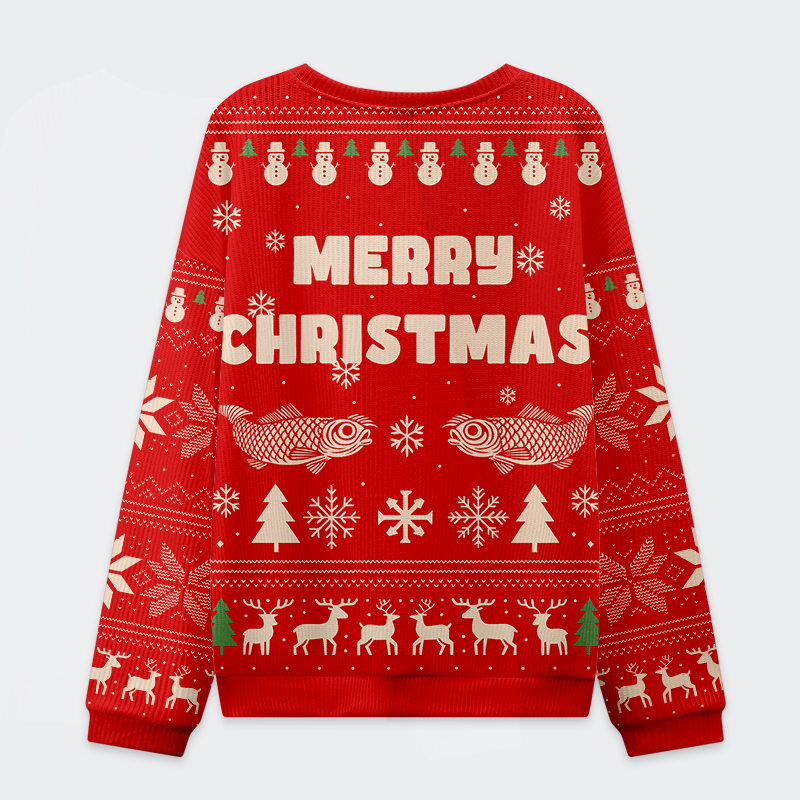 Fish Snow Japanese Christmas Ugly Sweatshirt Back view showcasing the vibrant red color of the Fish Snow Japanese Christmas Ugly Sweatshirt with intricate details.