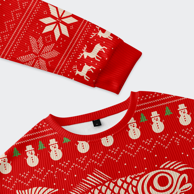 Fish Snow Japanese Christmas Ugly Sweatshirt Close-up detail of the Fish Snow Japanese Christmas Ugly Sweatshirt highlighting the unique Japanese art design elements.
