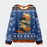 Front view of the claw-some ninja Christmas ugly sweatshirt featuring colorful designs and snowflake patterns.