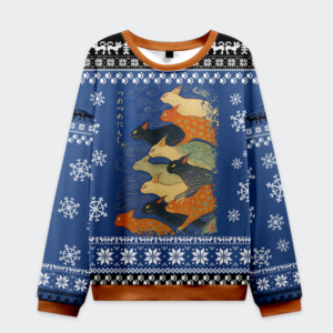 Front view of the claw-some ninja Christmas ugly sweatshirt featuring colorful designs and snowflake patterns.